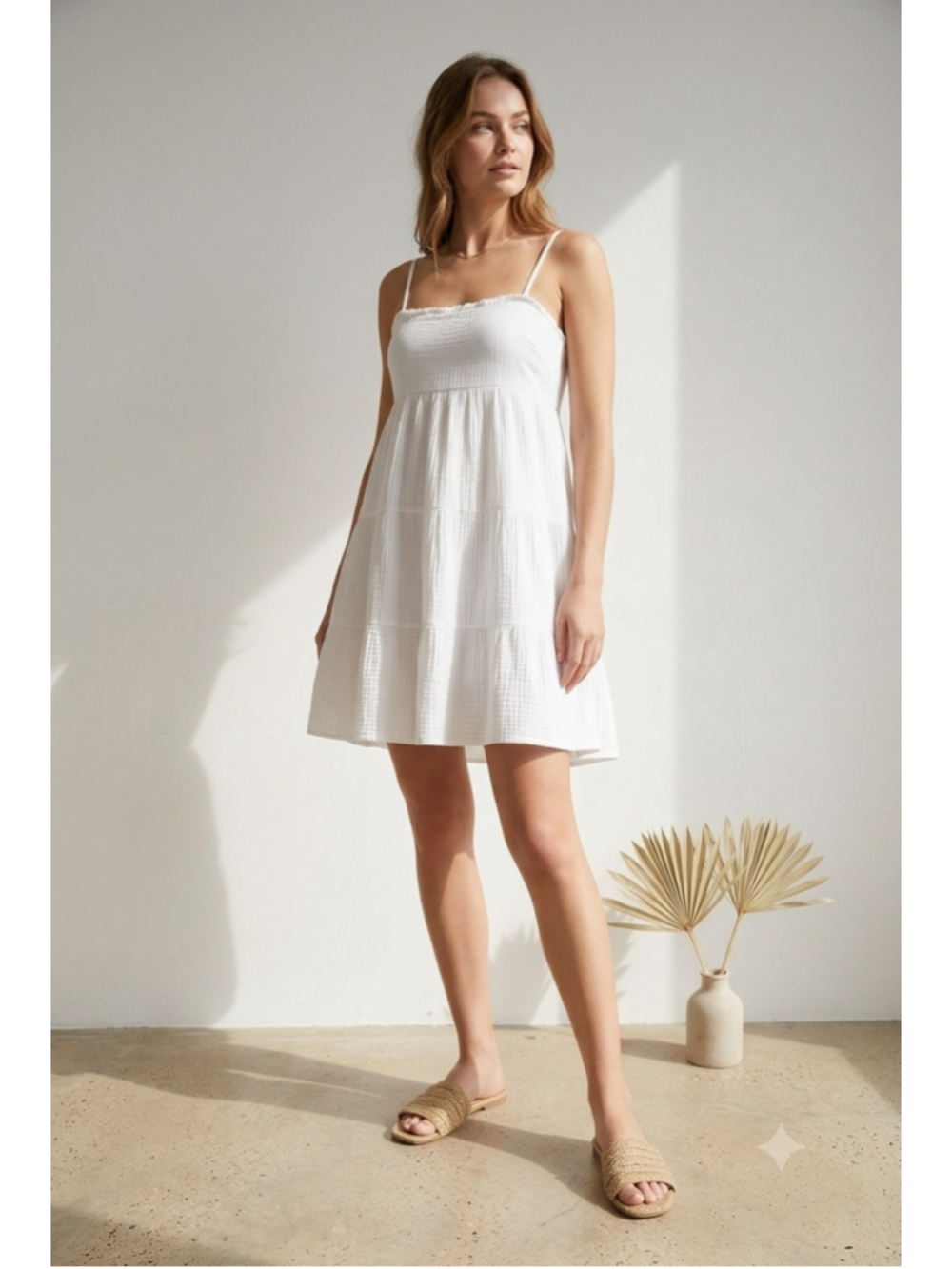 Rachel Paige White Cotton Gauze Tiered Mini Dress Smocked Back Summer Sun Large